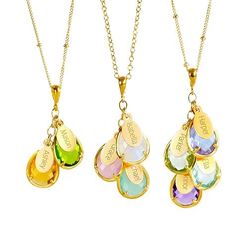 Family Tree of Life Birthstone Necklace Jewelry with Kids Names - Christmas Gifts for Mom from Daughter [TPCSwOV] (Multiple Stones)