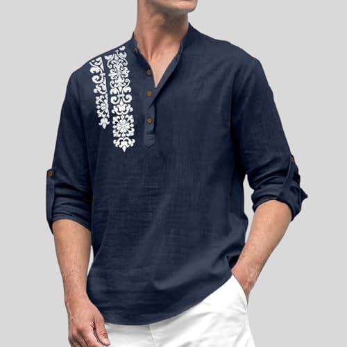 Image of FINIVO FASHION Men's Cotton Blend Short Kurta Shirt | Casual Ethnic Wear with Roll-Up Sleeves & Mandarin Collar | Comfortable Fit Tunic for Festive, & Summer Outings