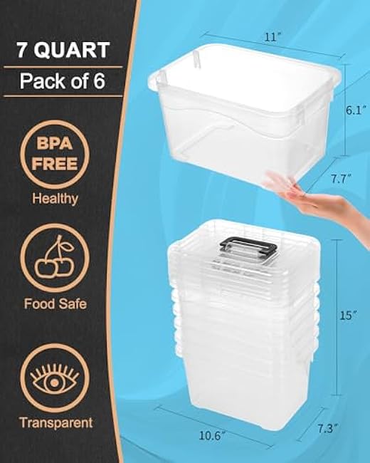 Plastic Storage Bins with Lids 6 Packs, 7 Quart Storage Organizer Bins with Buckle-Up Latches and Handle, Stackable Storage Containers for Home Pantry Office Classroom Organization, Clear