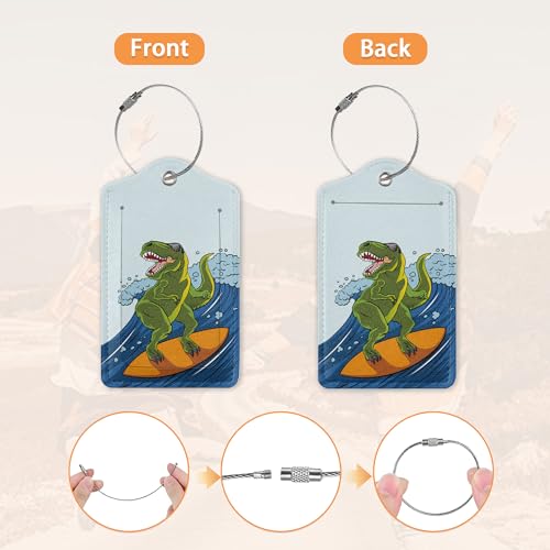 2 Pcs Luggage Tags for Suitcase,Dinosaur Surfing on Sea Luggage Tag Name Id Labels with Privacy Cover for Travel Backpack Women Men3