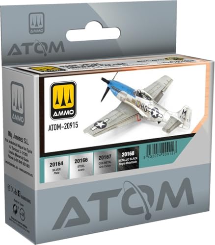 Mig Jimenez AMMO ATOM Set de Colores Acrílicos para Aviones Metalizados, 4 Colores de 20 ml, Pintura para Pincel y Aerógrafo, ATOM-20915