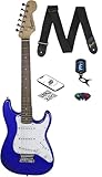 Squier by Fender Mini Strat Electric Guitar - Imperial Blue Bundle with Tuner, Strap, Picks, Fender Play Online Lessons, Austin Bazaar Instructional DVD, and Polishing Cloth
