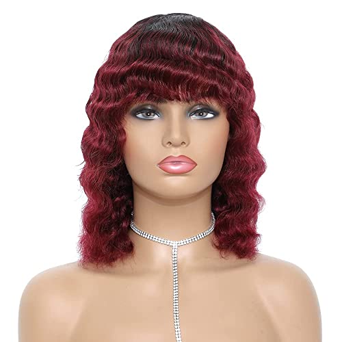 iShine Short Water Wave Bob Wigs with Bangs Brazilian Remy 100% Human Hair Wig Ombre Wine Red Wig 12 inch Full Head Wave Curls Wig & Free Wig caps- (#OT530)