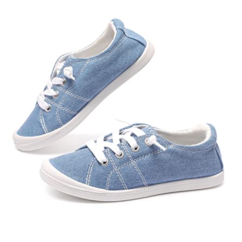 Boy and Girl Slip on Canvas Sneaker, Kids Low Top Casual Fashion Shoes, Comfy Lace up Walking Shoes Denim Blue 3