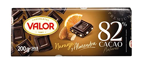 Valor - Chocolate Negro 82% con Naranja y Almendras. Chocolate Valor sin Gluten. Excelente fusión de Cacao con Naranja natural y Almendra troceada - 200 Gramos