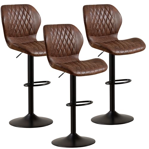 Image of Bar Stools Set of 3, Modern Swivel Counter Height Barstools for Kitchen Island Chairs, Adjustable Fabric Bar Stools with Back for Kitchen Counter Bar, Brown