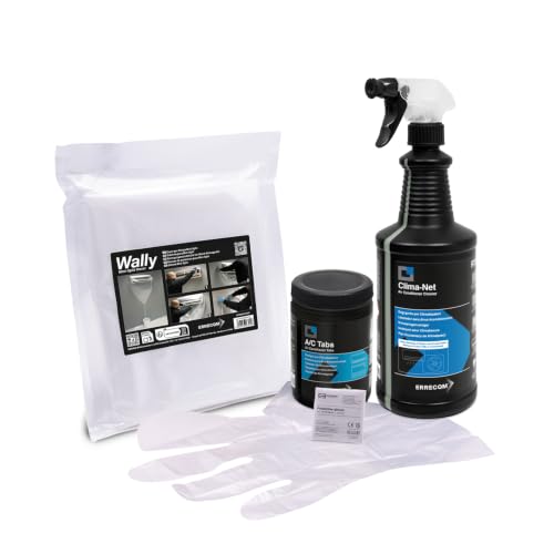 ERRECOM Kit nettoyage climatisation, contient Clima-Net 1L détergent unité intérieure et filtres, housse de protection Wally, A/C Tabs 40 tablettes pour climatiseur à action prolongée, gants inclus