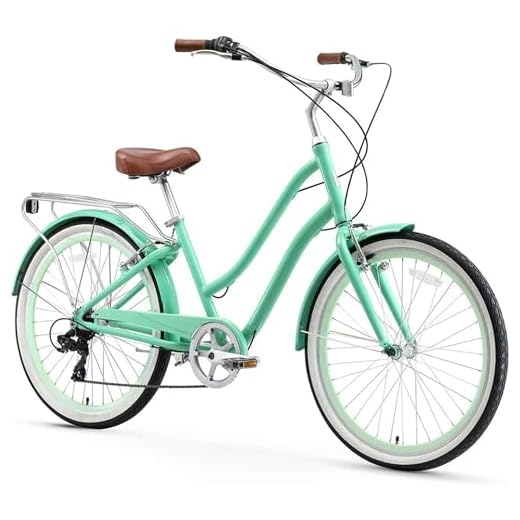 sixthreezero EVRYjourney Women's 7-Speed Step-Through Hybrid Cruiser Bicycle, 26" Wheels with 17.5" Frame, Mint Green with Brown Seat and Grips