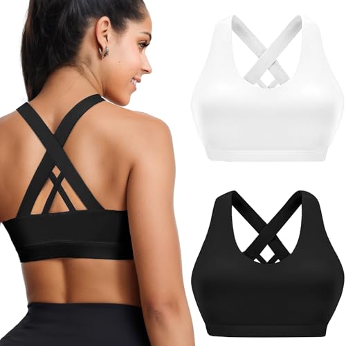 Buauty 2 Packs Sports Bras for Women, High Impact Yoga Workout Bra, High Support Criss-Cross Back Bras for Large Bust, Wireless Padded Athletic Strappy Racerback Sports Bra, Black+White L