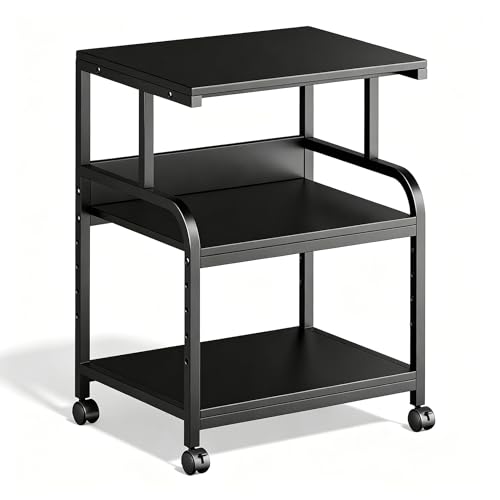 Image of Printer Stand, 20x16x28'' Metal Printer Table with Wheels, 3 Tier Rolling Cart with Adjustable Storage Shelf, Space Saving 3D Printer Desk for Home Office, Mini Fridge & Heat Press Stand, Black