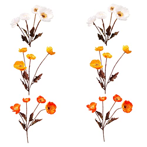 Lawnrden Flores de Poppys Artificiales, 6 Piezas de Seda Poppys Flores, Flor Realista del hogar Decoración del hogar, Flor Larga y Falsa para la decoración de la Mesa