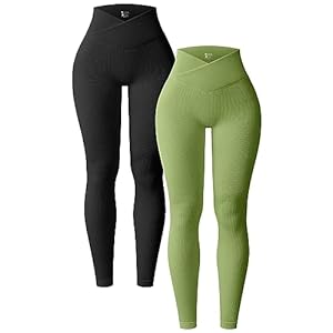 OQQ Women’s 2 Piece Yoga Leggings Ribbed Seamless Workout High Waist Cross Over Athletic Exercise Leggings