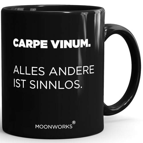 MoonWorks Taza con texto en alemán 'Wine Lustig Carpe Diem Sarcasmo' Regalo Oficina Antimotivación Carpe Vinum negro estándar