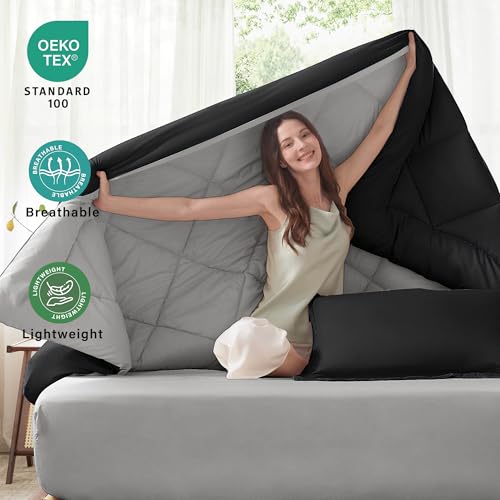 Anluoer King Comforter Set,Black and Grey Bed in a Bag 7 Piece,Lightweight Bedding Set with Soft Down Alternative Fill,Bed Set Includes Comforter, Fitted Sheet, Flat Sheet,Pillowcases and Shams