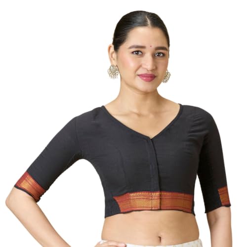 Image of Studio Shringaar Women's Handloom Cotton Stretchable (Smocked) Saree Blouse with Temple Zari Border