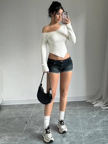 Milumia Women's Long Sleeve Off The Shoulder Sweaters Y2k Asymmetrical Hem Knitted Crop Tops4