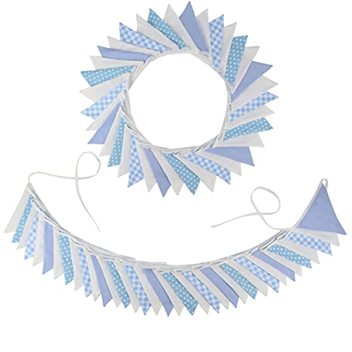 Image of Zwiebeco 32Ft Blue White Plaid Dot Fabric Bunting Banner Triangle Flags Cotton Garland Pennant for Birthday Wedding Baby Shower Engagement Tea Party Classroom Nursery Home Outdoor Garden Decorations