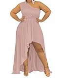 Women's Plus Size One Shoulder Asymmetrical Dress Sexy High Low Maxi Dress Evening Gown Dusty Pink 3XL