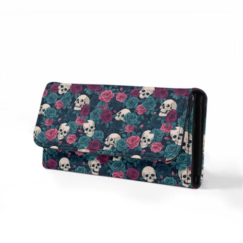 Image of AFPANQZ Women Wallet Soft Leather Designe, Skull Green Pink Rose RFID Blocking Large Capacity Shopping Outdoor Vintage Phone Holder Pockets