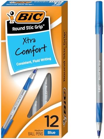 BIC Round Stic Grip Xtra Comfort Ball Pen, Medium Point (1.2 mm), Blue, 12-Count