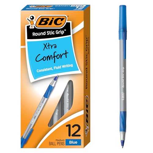 BIC Round Stic Grip Xtra Comfort Blue Ballpoint Pens, Medium Point (1.2mm), 12-Count Pack, Excellent Writing Ballpoint Pens With Soft Grip for Superb Comfort and Control