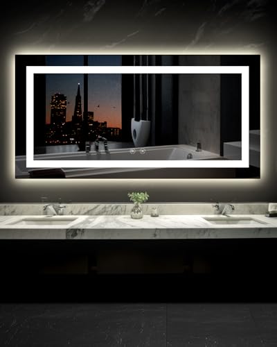 Ensenior LED Bathroom Mirror 72"x36" with Front and Backlight, Stepless Dimmable Wall Mirrors with Anti-Fog, Shatter-Proof, Memory, 3 Colors, Modern LED Vanity Mirror-ETL & FCC