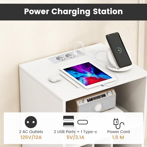 KOMFOTTEU Mesa Auxiliar con Estación de Carga, Soporte para Discos con 2 Enchufes, 1 Puerto USB y 1 Tipo C, Mesita de Noche de Madera con Compartimentos Abiertos, 48 x 40 x 88 cm (Blanco) - imagen 4