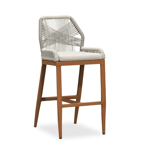 Image of PURPLE LEAF Bar Stool 1 Piece Outdoor Bar Height Metal Stool Modern Wicker Rattan Barstools with Back Aluminum Outside Garden Patio Bar Chair, Deep Teak