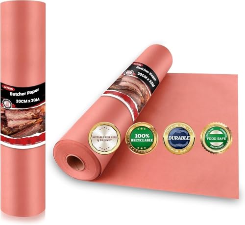LATERN Butcher Paper Roll 30CM x 30M Food Grade Kraft Paper Unbleached Unwaxed Uncoated Peach Butcher Papers for Smoker BBQ Grilling Smoking Meat Cooking of Juicy
