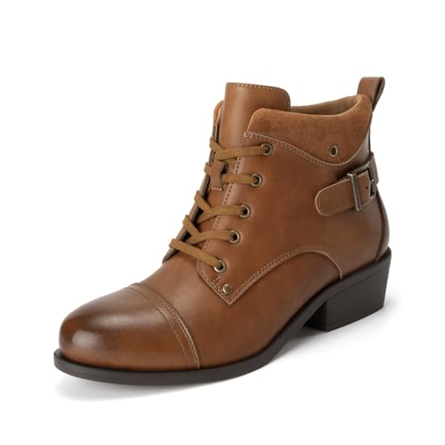 Athlefit Women's Ankle Boots Chunky Low Heel Short Brown Boots Round Toe Comfortable Lace Up Zipper Dress Booties Size 8