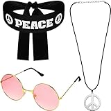 Hippie Costume Set for Women Men, Includes Sunglasses, Peace Sign Necklace and Peace Sign Headband...