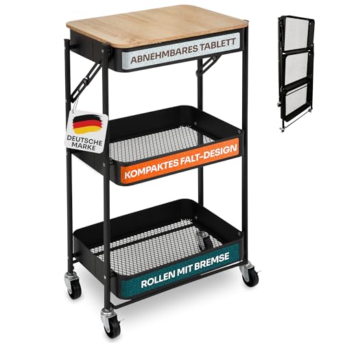 Gardissimo Rollwagen Plate klappbar mit abnehmbaren Tablett Küchenwagen mit 3 Ebenen, Metall Regal...
