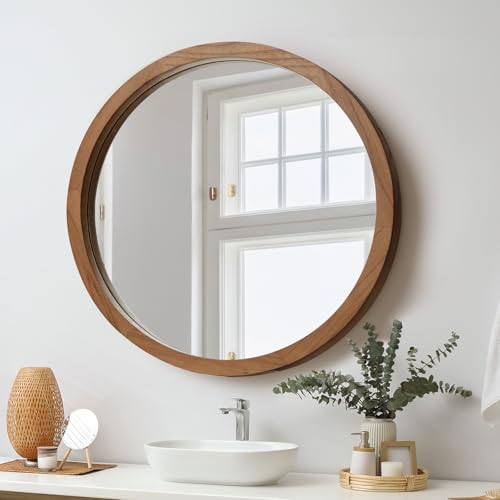 Oikiture Wall Mounted Mirror with Wood Frame 80cm Round Mirror for Living Room Home Furniture, Walnut