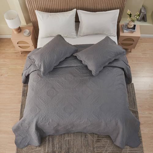 Image of Kingnex Oversized King Bedspreads 128x120 Extra Wide for Tall King or Cal King Bed Ultrasonic Quilted Coverlet Set 3 Piece Include 1 Quilt 2 Pillowcases Dark Grey