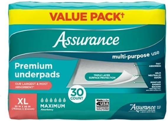 Assurance- Unisex Premium Quilted Underpad Maximum Absorbency XL 30 Count - 1Pack