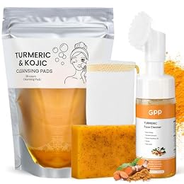 Turmeric Soap & Turmeric Face Wash & Cleansing Pads 30pcs Skin Care Set, Glow Turmeric for Face & Body, Lemon Tumeric Soap, Facial Cleanser Foam for Daily Cleansing, Turmeric Wash and Care 3 Piece Set