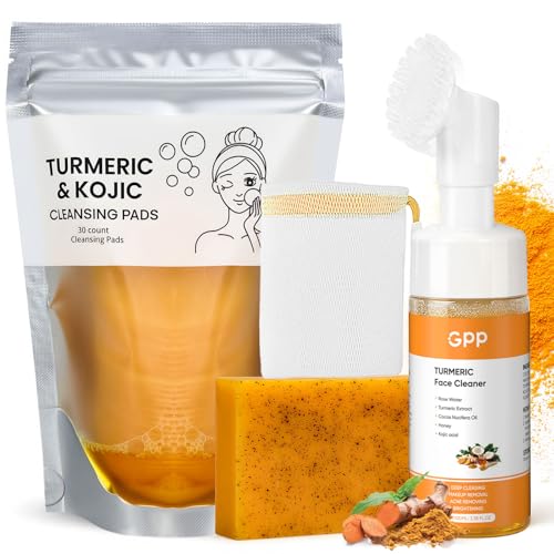 Turmeric Soap & Turmeric Face Wash & Cleansing Pads 30pcs Skin Care Set Glow Turmeric for Face & Body Lemon Tumeric Soap Facial Cleanser Foam for Daily Cleansing Turmeric Wash and Care 3 Piece Set