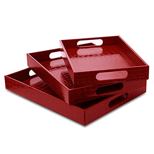Berry Ave Premium Stylish Ottoman Tray - Chic Decorative Rectangular Serving Tray With Alligator Skin Pattern - Modern & Practical Coffee Table Tray - Perfect For Ottoman, Console, Side Table - 3 Pack