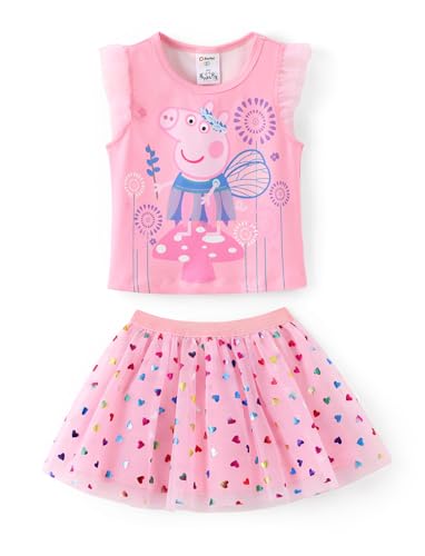 Peppa Pig Clothes Toddler Girls Ruffle Sleeve T Shirt and Tutu Mesh Skirt Sets 2PCS Clothing Sets Pink for Birthday Summer Girls Size 4-5 Years