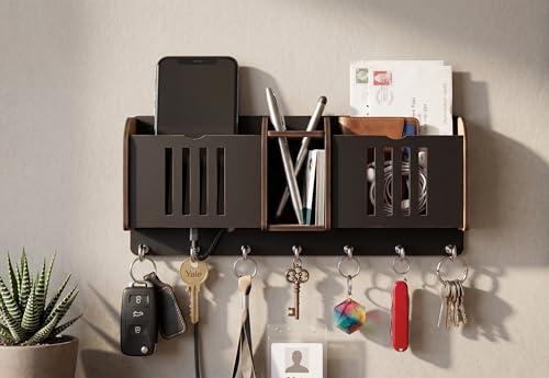 Image of Wall Mount Key Holder & Mail Organizer | Laser-Cut Key Hanger with 7 Metal Hooks, Letter Rack & Pen Stand | Wooden Wall Decor for Entryway, Living Room, Home & Office (Vertical Slat)