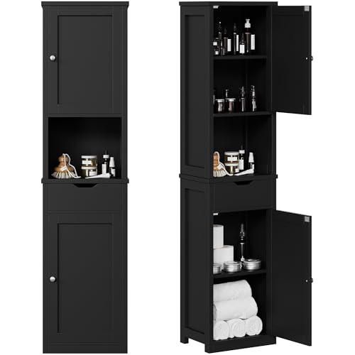 Image of Shintenchi Tall Bathroom Storage Cabinet, Slim Corner Floor Cabinet with Doors and Drawer, Freestanding Narrow Bathroom Organizer with Adjustable Shelves for Small Space, Black