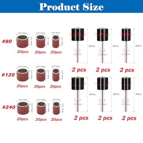 mxuteuk Sanding Drum Set,Including 138 Pieces Aluminum Oxide 80 120 240Grit Drum Sander Sanding Sleeves and 12 Pieces Drum Mandrels for Dremel Rotary Tool,Sanding Drums with Box - Image 3