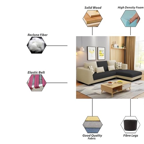 Image of Galib RHS 4 Seater L Shape Sofa Set for Living Room (Cream Black Fabric) Premium Fabric Sofa