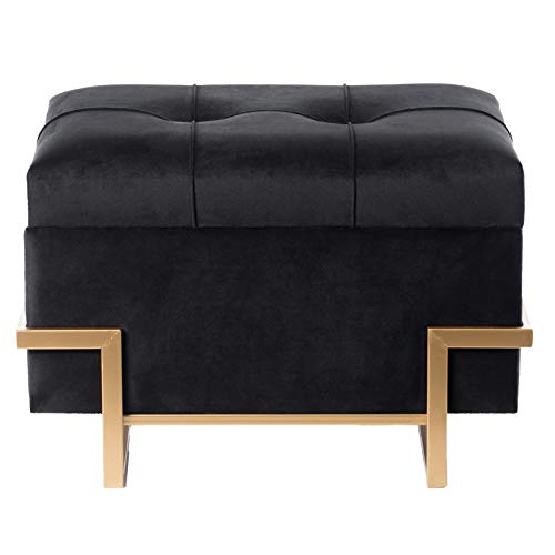 Fabulaxe Rectangular Velvet Storage Ottoman With Gold Legs, Black #TOP4