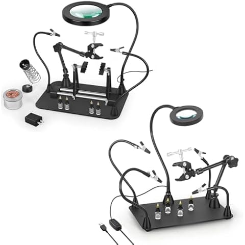 Helping Hands Soldering Circuit Board Holder Magnetic Third Hand Tools with 3X LED Magnifying Lamp, 360 Hot Air Gun Holder, Flexible Metal Arms Heavy Duty Base Electronic Repair Tool Magic Hand Cover