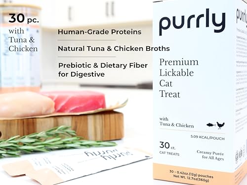Image of Purrly Cat Treat Topper Lickable Wet Squeezable Healthy Human-Grade Tuna & Chicken Breast with Prebiotic and Dietary Fiber for Indoor Cats (30 Count) Grain-Free Non-GMO No-Preservatives