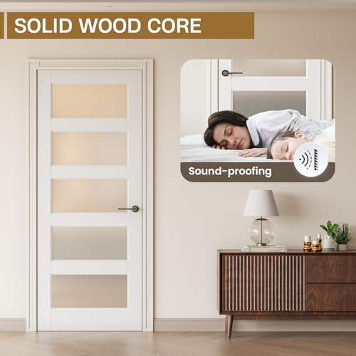 24 x 80 in Primed 5-Lite Frosted Glass Solid Wood Slab Door Without Frame and Hardware Kit