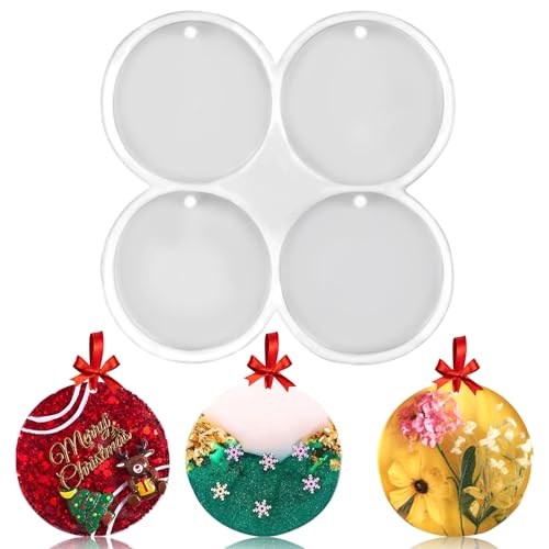 MEMOVAN 4-Cavity Christmas Ornaments Resin Molds with Hole Round Resin Molds Circle Coaster Molds Round Pendant Casting Molds for Epoxy Resin Christmas Tree Decorations DIY Crafts