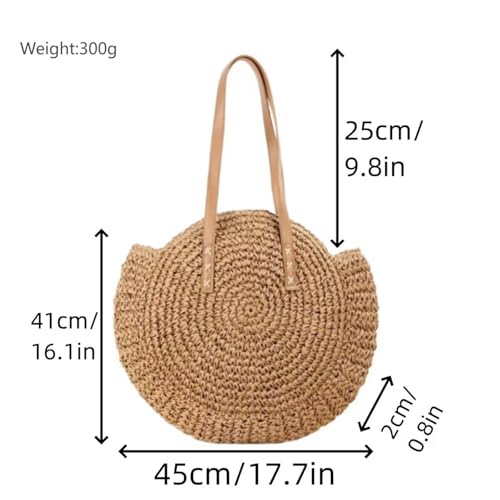 Bolso redondo de paja tejida para hombro, bolso tote para playa y vacaciones de verano, con forro y detalles en cuero, con cierre de cremallera miniatura 4