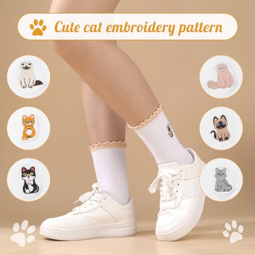 Jspupifip 6 Pairs Cute Pilates Socks with Grips for Women Non Slip Ruffle Yoga Socks Embroidery Cats Athletic Crew Grippy Sock for Barre Ballet Barefoot Workout Hospital4